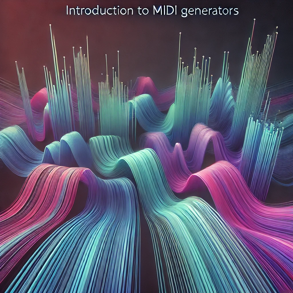 Abstract digital art with colorful, flowing lines and spikes, alongside the text "Introduction to MIDI generators.