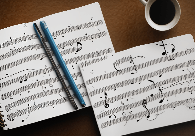 A songwriting notebook with music notes and a cup of coffee.