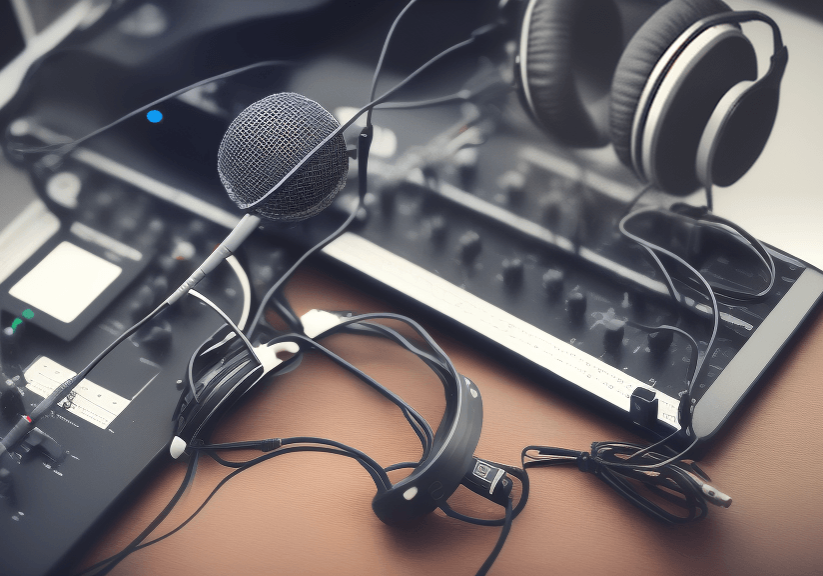 A microphone and headphones on a desk.