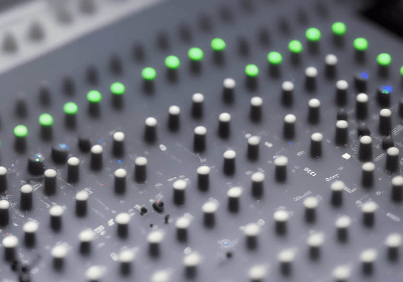 A close up of a mixing board with green lights.