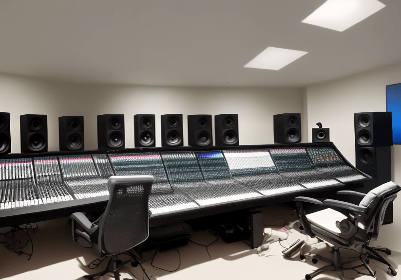 A recording studio with a large desk, speakers, and Sound For Producers.