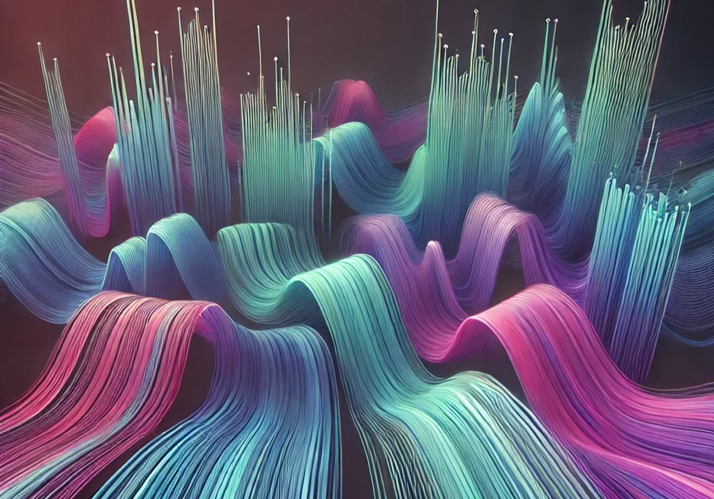 Abstract digital art with colorful, flowing lines and spikes, alongside the text "Introduction to MIDI generators.